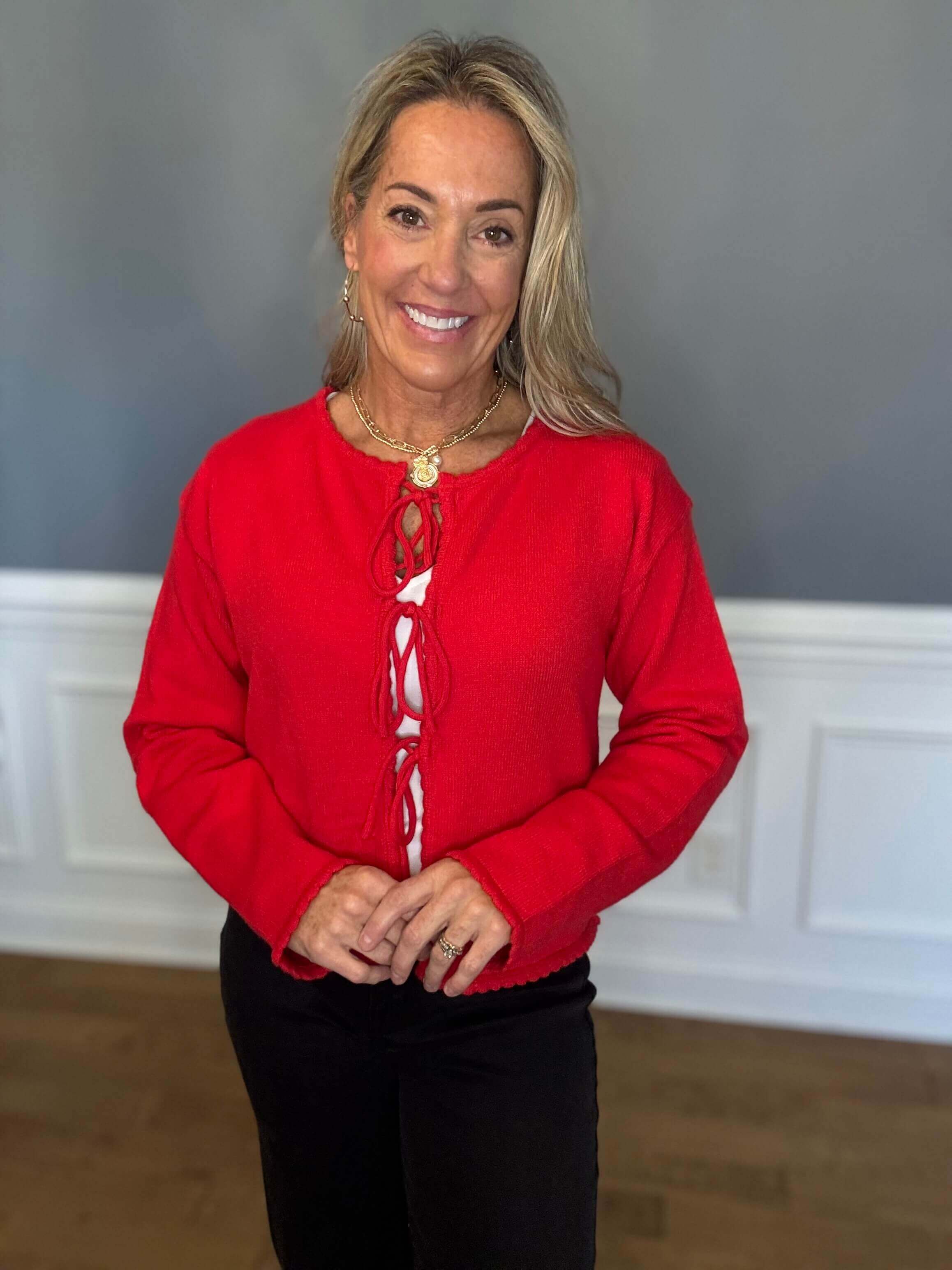 Hattie Red Front Tie Sweater