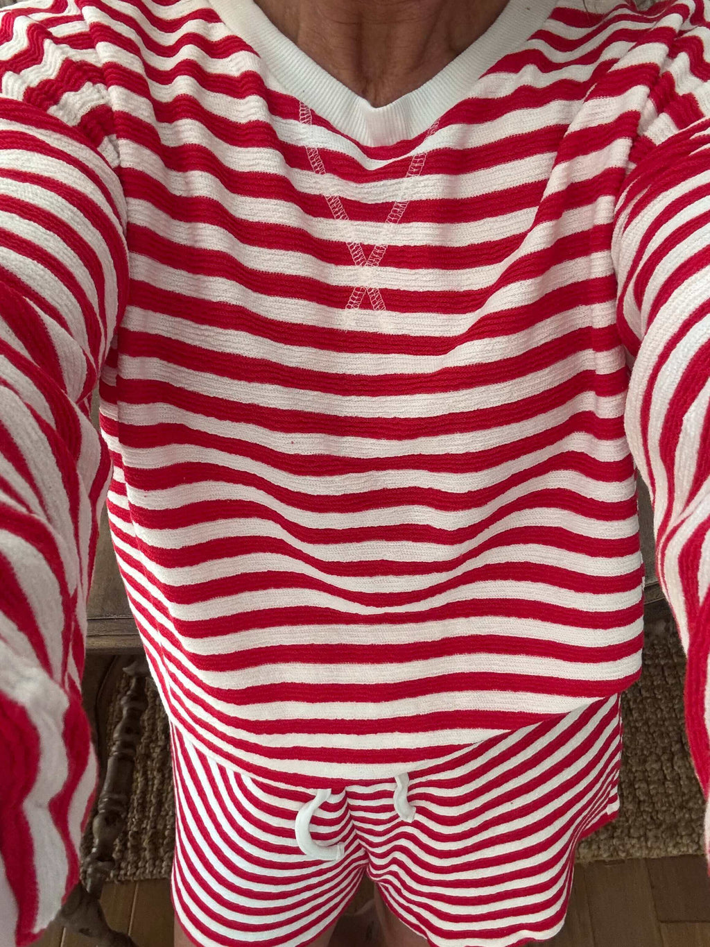 Karen Red Stripe Pullover Short Set