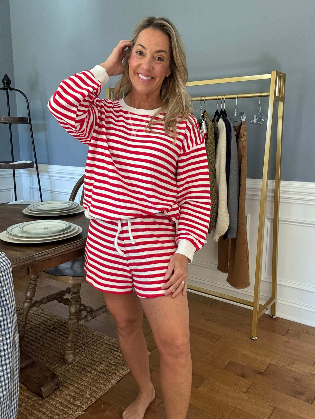 Karen Red Stripe Pullover Short Set