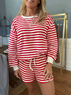 Karen Red Stripe Pullover Short Set