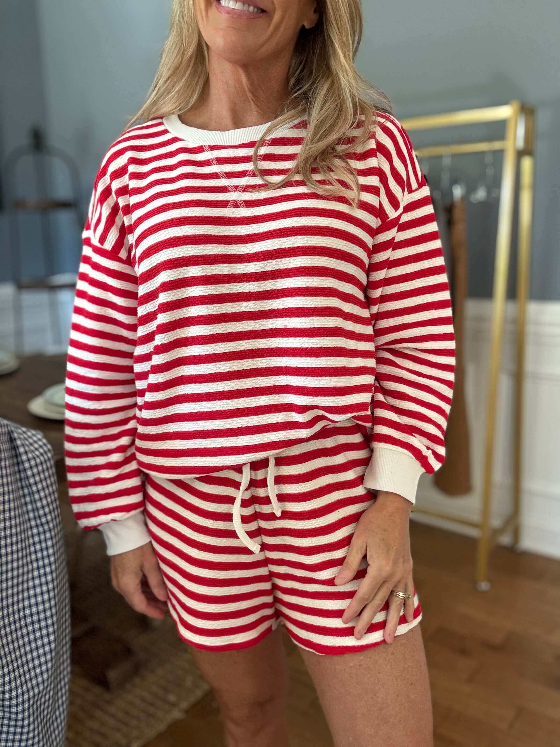 Karen Red Stripe Pullover Short Set