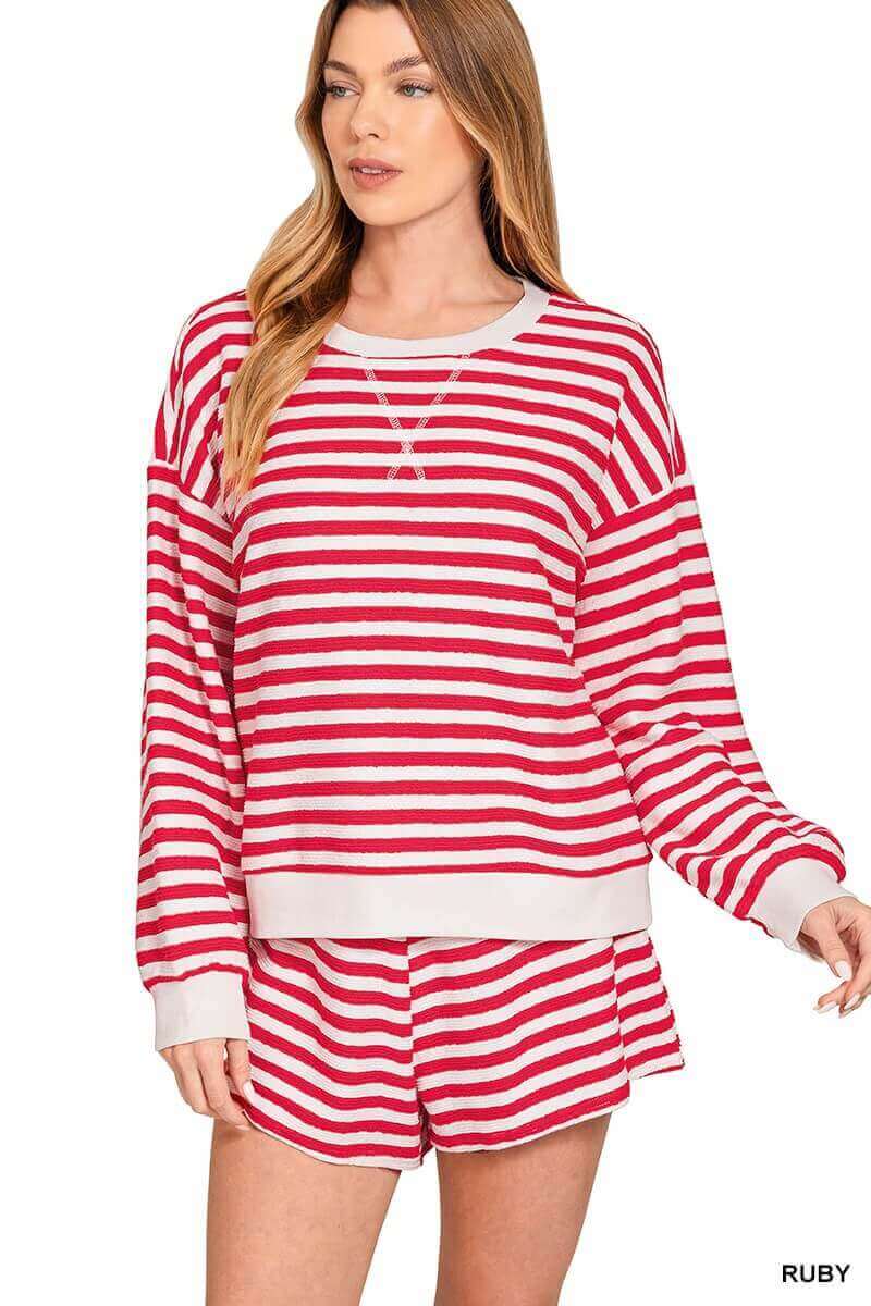 Karen Red Stripe Pullover Short Set