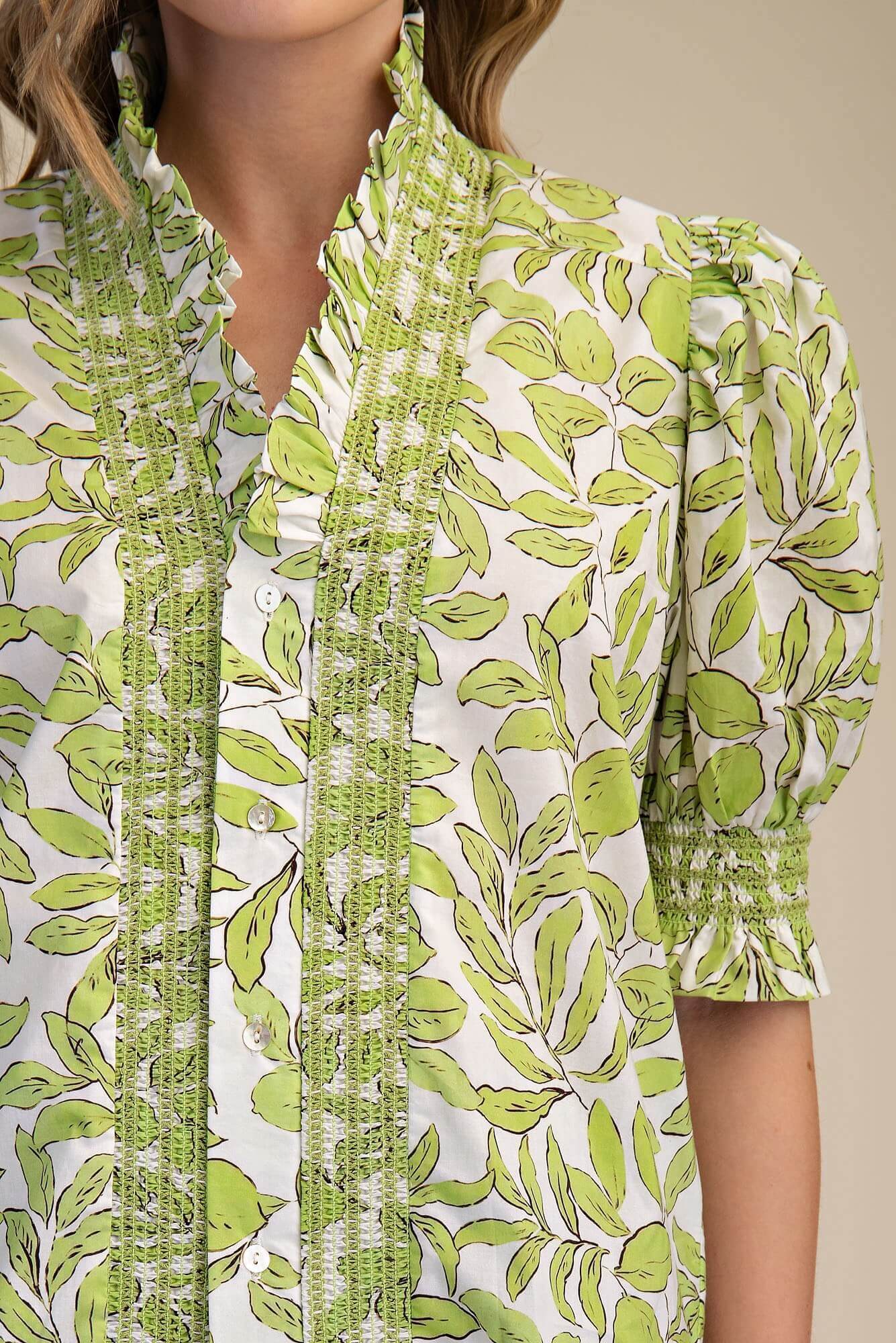 Ruffle V-neck Smocked Puff Sleeve