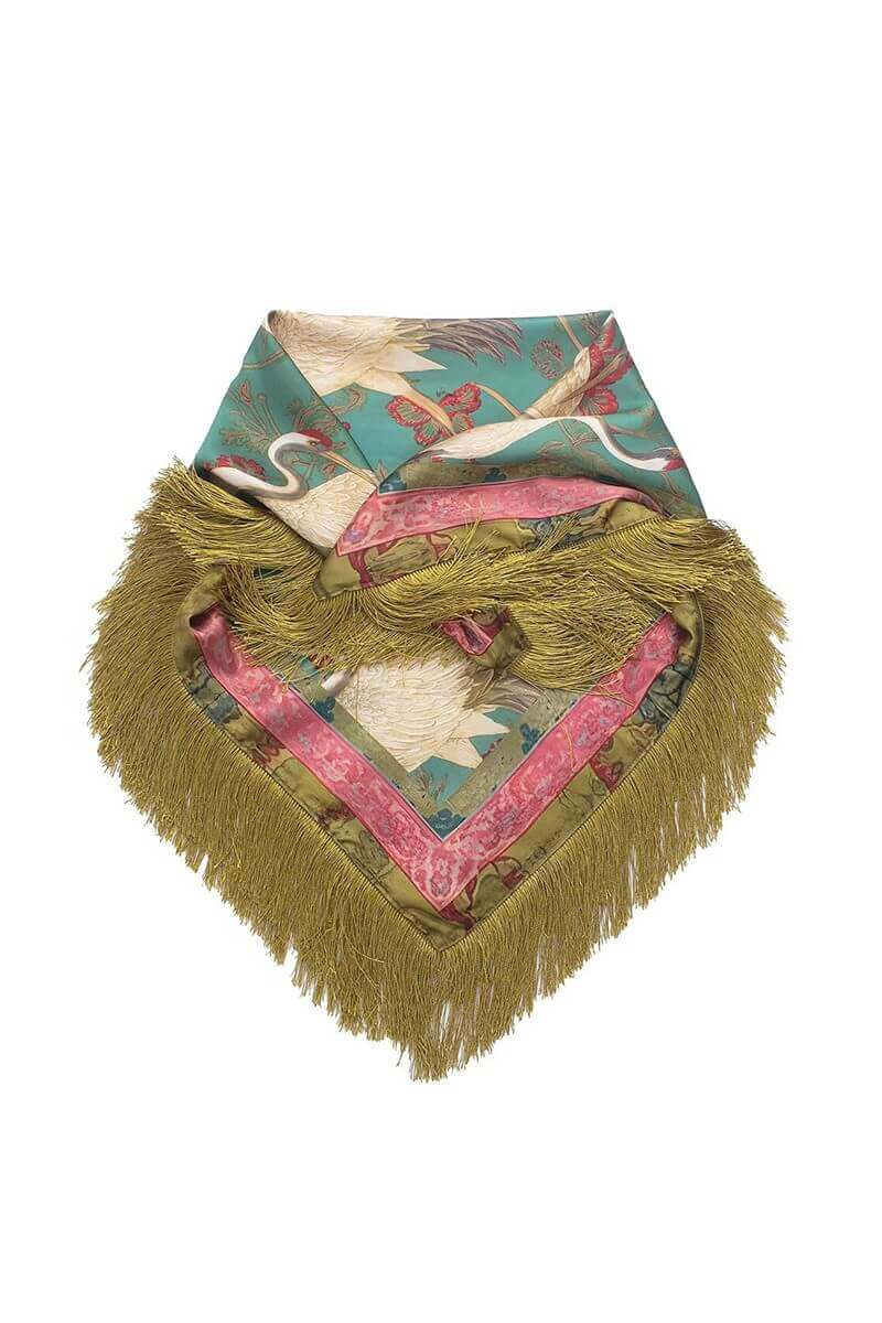 Teal Satin Crain Fringe Scarf