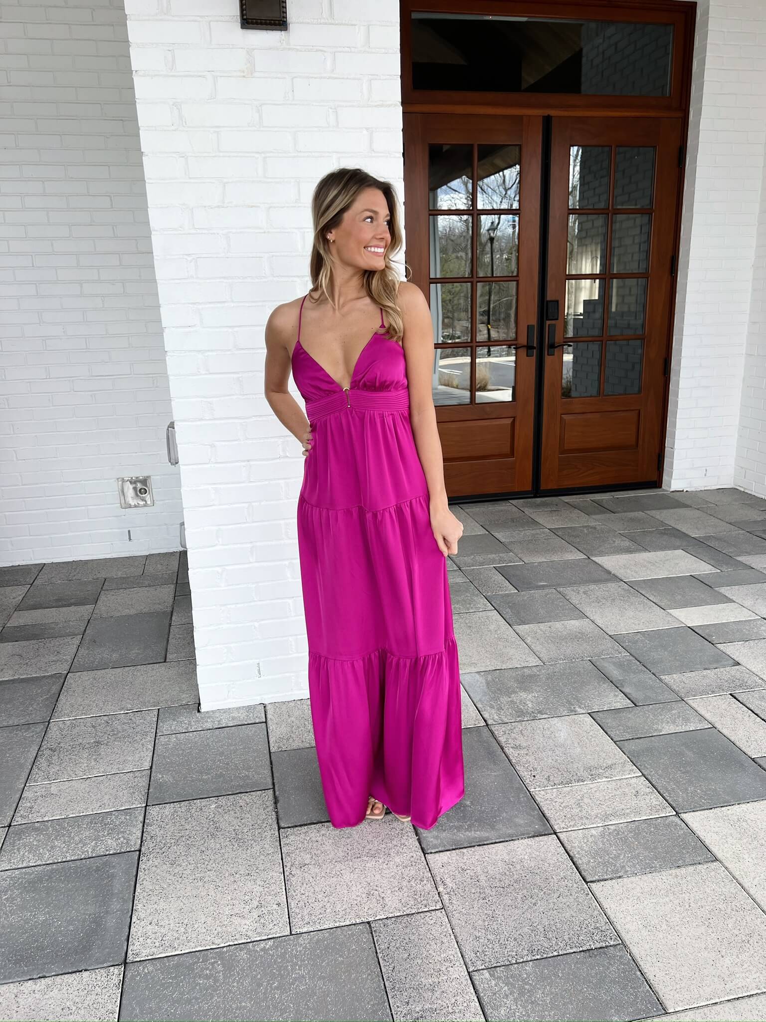 Sahara Satin Maxi Dress, Hot fuchsia, strappy backless, long, tropical vacation, Resort 