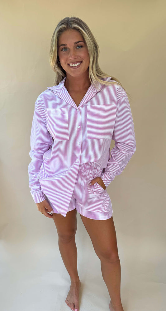 Sydney Pink Stripe L/S Shirt & Shorts (Set)