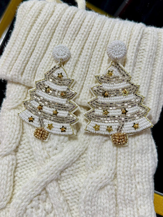 White Silver Gold Christmas Tree Earrings